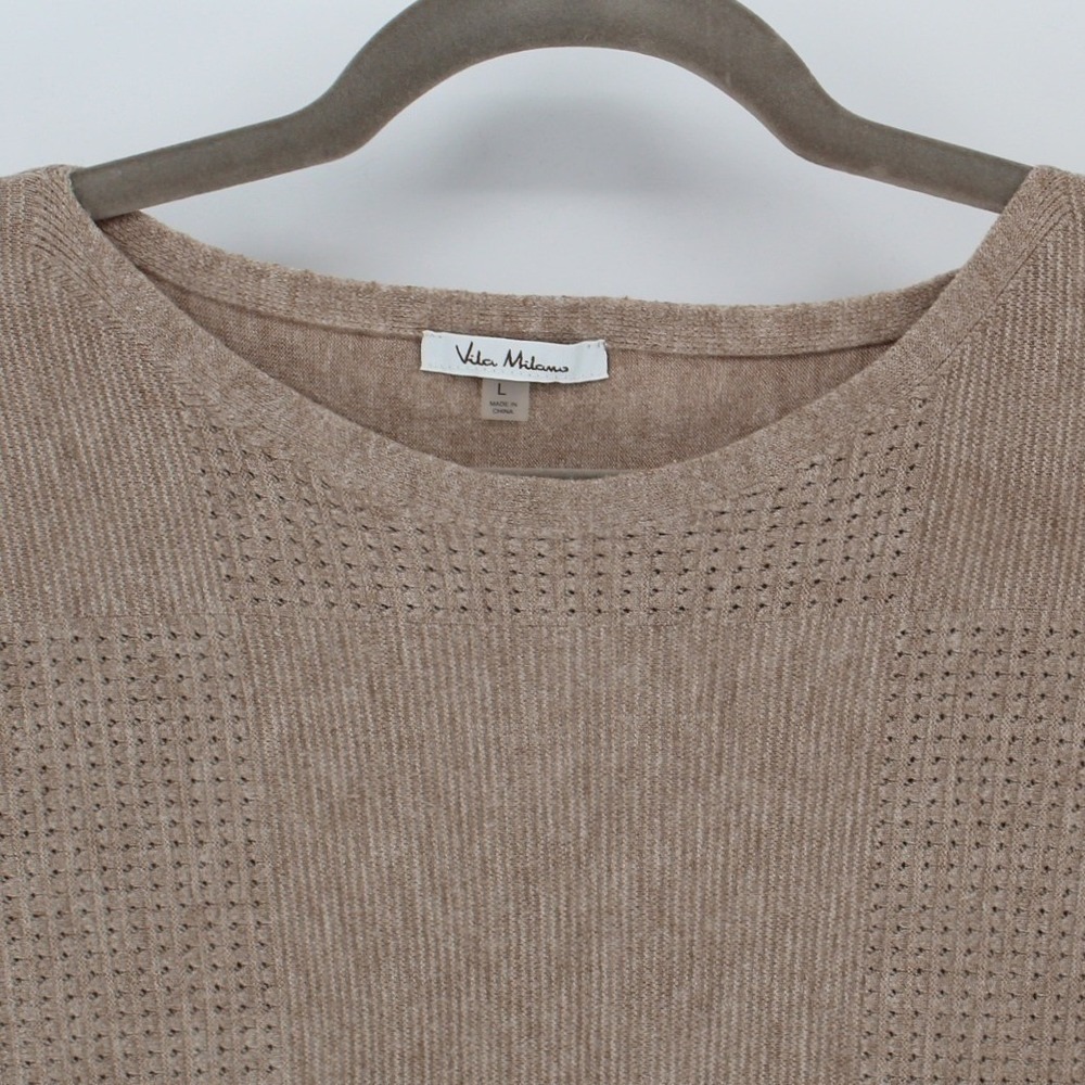 Vila Milano Large $118 Taupe Open-Knit Block Textured Pullover Ribbed Crew Neck‎